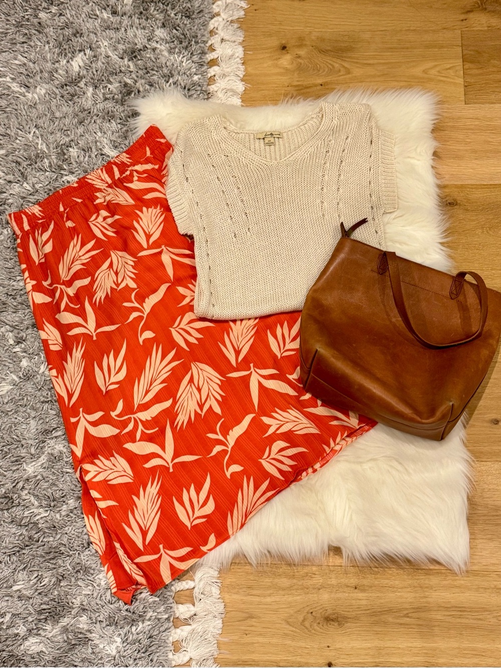 LOFT Coral and Cream Leaf Patterned Skirt